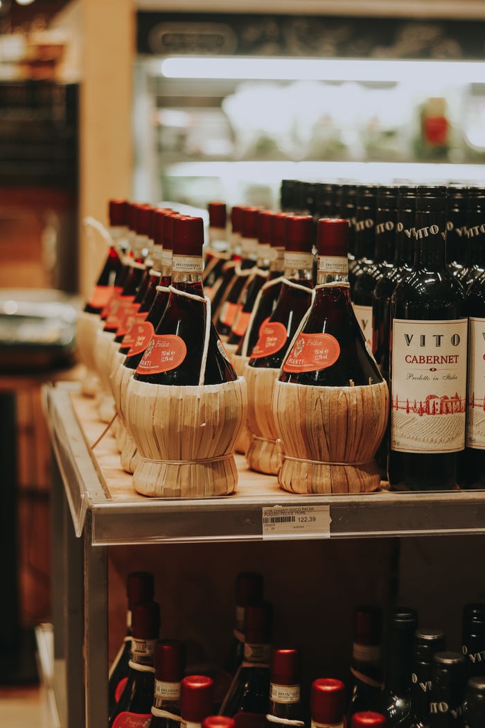 Assorted wine bottles on display in a store aisle, showcasing different brands.